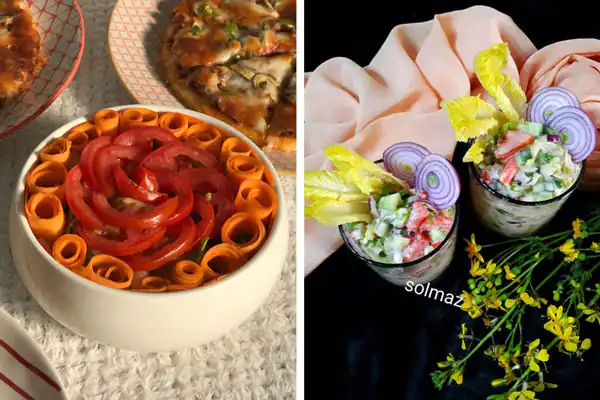 تزیین سالاد کاهو و خیار و گوجه و هویج تزیین سالاد ساده و شیک تزیین سالاد عروس تزیین سالاد برای مهمانی تزیین سالاد برای مهمانی ساده تزیین سالاد کاهو در ظرف گرد با خیار و گوجه