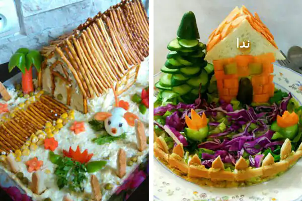 زیباترین تزیین غذا تزیین سالاد برای پاگشای عروس ایده تزیین غذا تزیین سفره مهمانی عروس تزیین دورچین غذا تزیین سفره غذا با وسایل ساده