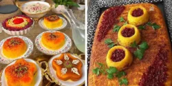 تزیین ته چین + تزیین ته چین مرغ های گرد و مربع با زرشک
