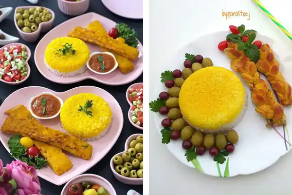 تزیین برنج با زعفران و زرشک و مرغ  تزیین برنج برای مدرسه تزیین برنج با رنگ غذا تزیین برنج برای جشنواره غذا تزیین برنج ساده و زیبا تزیین برنج در دیس بیضی