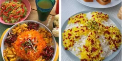 تزیین برنج در دیس + ایده تزیین برنج با زعفران و زرشک و مرغ