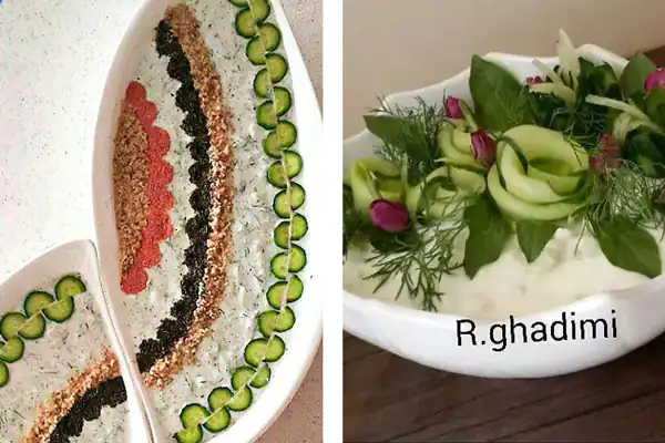 تزیین ماست و خیار ساده و شیک تزیین ماست و خیار با گردو تزیین ماست و خیار با گل محمدی تزیین ماست و خیار مجلسی تک نفره تزیین ماست خیار با نعناع و گل سرخ تزیین ماست مجلسی