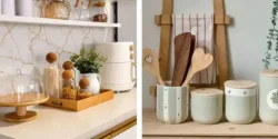 دیزاین آشپزخانه با وسایل چوبی شیک + ایده چیدمان روی کابینت