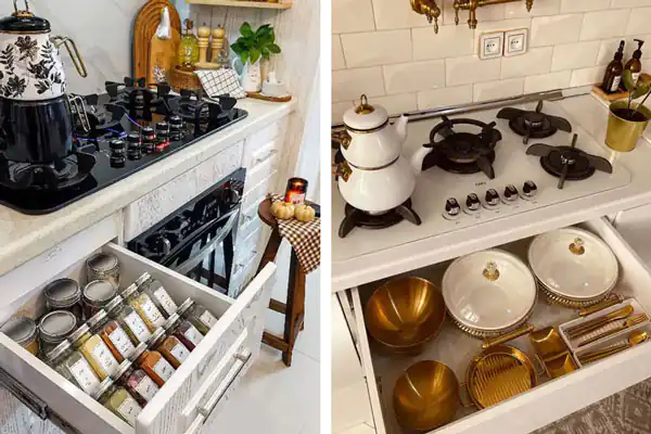 چیدمان کشو کابینت عروس + چیدمان آشپزخانه عروس مدرن
